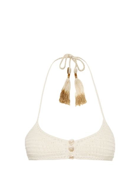 Introduce a 1970s influence to your vacation edit with She Made Me's ivory crochet-cotton Savarna bikini top. It's shaped with soft triangle cups, and bohemian tassel-ended fastenings with cowrie shell accents. The coordinating briefs are its natural partner. She Made Me, Crochet Bra, Crochet Triangle, Vacation Wardrobe, Crochet Crop Top, Cowrie Shell, Cheap Fashion, 21st Century, Crochet Bikini