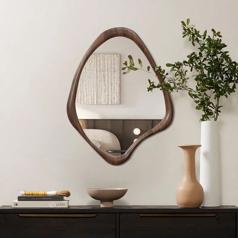 Wrought Studio Brown Wood Frame Decorative Wall Mirror & Reviews | Wayfair Mirror Above Couch, Mirror Bathroom Wall, Wall Mirror Decor Living Room, Accent Wall Entryway, Wall Mirror Bathroom, Mid Century Modern Mirror, Boho Mirror, Bathroom Wall Mirror, Wall Mirror With Shelf