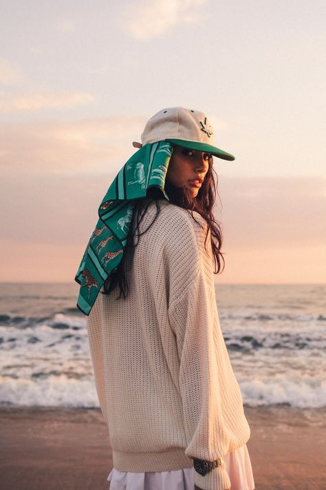 head scarf under cap #beach #scarf Head Scarf And Hat, Cap With Scarf, Scarf Under Hat Style, Summer Head Scarf, Headscarf Photoshoot, Playful Summer Streetwear Hats, Head Scarf Streetwear, Chic Summer Beach Headscarf, Silk Headscarf Beach