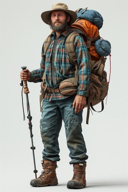 Photo full body character design of hike... | Premium Photo #Freepik #photo Character Design Adventurer, Alberta Outfit, Adventurer Pose, Full Body Character Design, Hiking Outfit For Men, Body Character Design, Hiking Pose, Full Body Character, Hiking Outfit Men