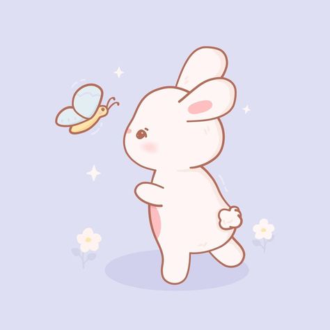 Bunny And Butterfly, Kawaii Butterfly, Butterfly Cute, Kawaii Rabbit, Image Bank, Yellow Butterfly, Cartoon Style, Cute Bunny, Sticker Art