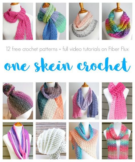 One Skein Projects, 12 Free Crochet Patterns from Fiber Flux One Skein Crochet Projects, One Skein Projects, Crochet Infinity Scarf Free Pattern, Simple Scarf Crochet Pattern, Crochet Project Free, One Skein Crochet, Mandala Yarn, Hats For Kids, Knitting And Crochet Patterns