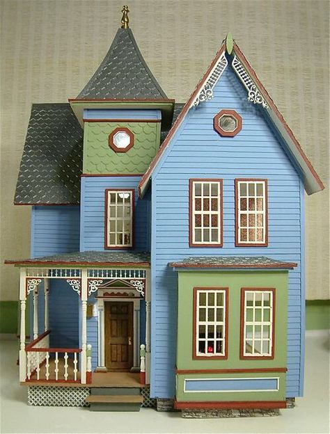 Dollhouse blue & green Fairfield Dollhouse, Fairfield House, Miniature Dollhouses, Wee Folk, Victorian Dollhouse, Miniature Rooms, Victorian Dolls, Dollhouse Kits, Tiny Things