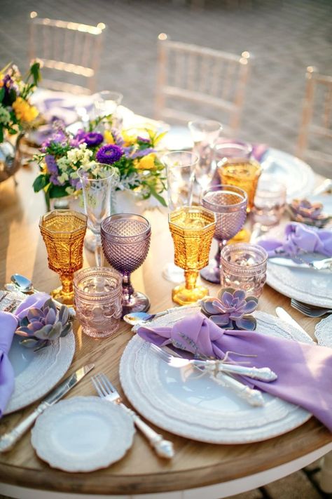 7 Stations You Didn't know Your Wedding Was Missing Suit Purple Tie, Yellow Flower Decoration, Wedding Colors 2025, Bridesmaid Dresses Purple, Boutonniere Purple, Purple Table Settings, Yellow Wedding Colors, Gold Table Setting, Yellow Wedding Theme