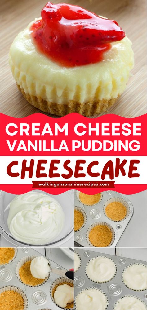 A no-bake dessert recipe featuring cheesecake pudding! Made with cream cheese and vanilla pudding, this pudding cheesecake is a simple sweet treat everyone will love. Check out how to serve these cheesecake cupcakes! Vanilla Pudding Cream Cheese Dessert, Desert With Cream Cheese Easy, Vanilla Pudding And Cream Cheese Recipes, Easy Desserts With Vanilla Pudding, Dessert With Cream Cheese Easy, Vanilla Pudding Cheesecake Recipes, Pudding Cream Cheese Dessert, Cream Cheese Pudding Recipes, Cheesecake Jello Dessert