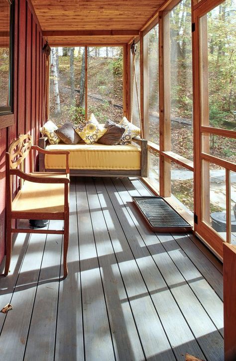 South American couple's central Minnesota cabin is their 'heaven on Earth' | Star Tribune South American House, Screen Deck, Minnesota Cabin, Screened Lanai, Sunroom Porch, Cabin Porches, Green Exterior House Colors, Glass Porch, Cabin Porch