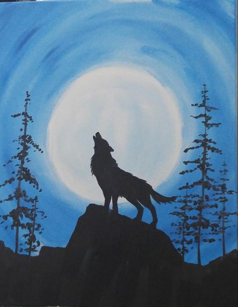 Paintings Of Wolves, Simple Animal Paintings Acrylic, Simple Wolf Painting, Painting Silhouette, Wolf Painting Easy, Wolf Paintings, Easy Wolf Painting, Wolf Painting Acrylic Easy, Wolf Crafts