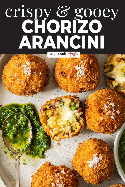 These Chorizo Arancini are little handfuls of Spanish inspired risotto, coated in breadcrumbs and deep fried to golden perfection.