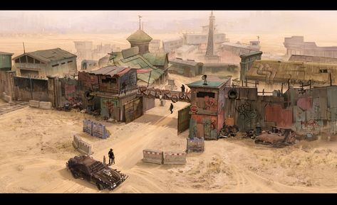 The end of the town by XiXin GuoA post-apocalyptic town  Survivors gathered here Wasteland Post Apocalyptic, Post Apocalyptic Settlement Concept Art, Apocalypse Town Concept Art, Apocalyptic Town Concept Art, Post Apocalyptic Town Concept Art, Post Apocalypse Town, Post Apocalyptic Settlement, Post Apocalyptic Wasteland, Desertpunk Aesthetic