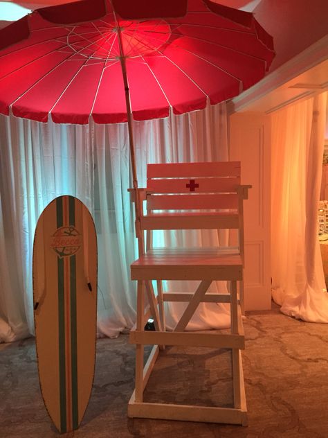 Sign in board and lifeguard chair at beach themed Bat Mitzvah Boardwalk Decorations, Boardwalk Party, Lifeguard Party Theme, Boardwalk Theme Party Decorations, Baywatch Theme Party, Beach Theme Dance, Baywatch Party, Boardwalk Theme Party, Baywatch Theme