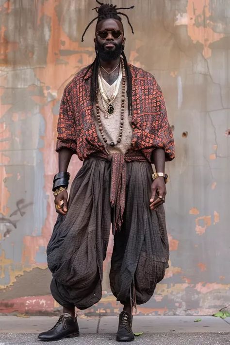 Harem Pants Men Outfit, Afro Punk Men, Spiritual Men Aesthetic, Afro Punk Fashion Men, African Outfits Men, Bohemian Outfits For Men, Maximalist Outfits Men, Black People Fashion, Afropunk Outfits