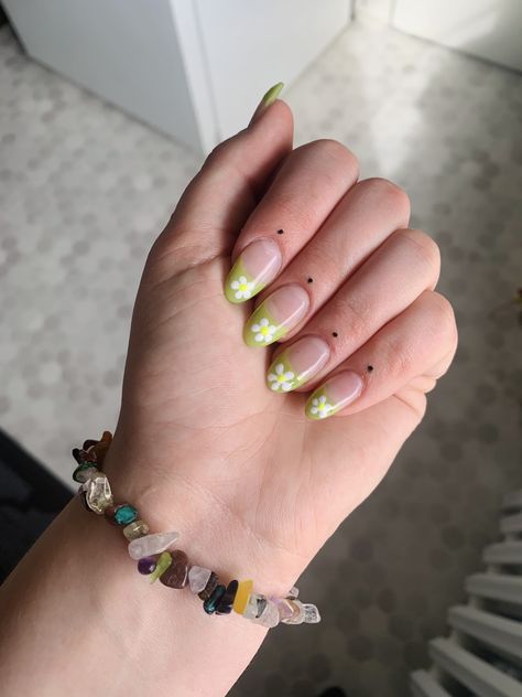 Prom Nails Green French Tip, Green And Pink Nails French Tip, White French Tips With Green Design, Green French Tip Nails Flowers, Save Green French Tips, Valentine's Day Nails, Acrylic Nails, Valentines Day, Valentines