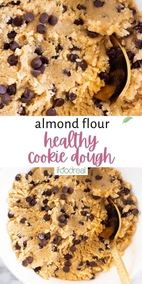 This Healthy Cookie Dough recipe is the answer to all your raw cookie dough cravings! Completely edible, vegan, gluten free, dairy free, and refined sugar free dough loaded with chocolate chips and tastes exactly like the sweet tempting stuff you weren't allowed to eat as a kid! Almond Flour Cookie Dough, Raw Cookie Dough Recipe, Edible Cookie Dough Healthy, Dairy Free Cookie Dough, Healthy Cookie Dough Recipe, Vegan Cookie Dough Recipe, Vegan Chocolate Chip Cookie Dough, Dairy Free Chocolate Chip Cookies, Sugar Free Chocolate Chip Cookies