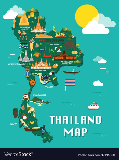 Landmarks Illustration, Thailand Shopping, Thailand Map, Infographic Map, Thailand Art, Thailand Hotel, Illustrated Map, Travel Maps, Map Design