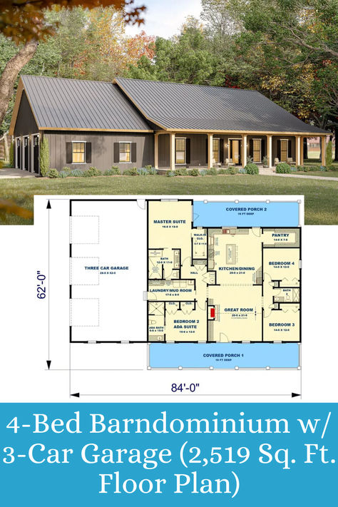 Explore this 4-bedroom barndominium featuring a 2,519 sq. ft. floor plan. The open-concept living area encourages a seamless flow between spaces, while the 3-car garage provides ample room for storage and convenience. A balanced design blending rustic style with modern functionality. House Design With 3 Car Garage, Barndominium With 4 Bedrooms, Barndominium With 3 Car Garage, Barndominium Plans With Garage, 4 Bedroom Ranch Barndominium, 4 Bedroom 3.5 Bath Barndominium, 4 Bedroom House Plans With Playroom, Basement Blueprints Floor Plans, 4 Bedroom Barndominium Floor Plans With Playroom