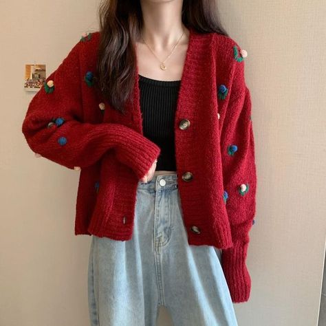 Cardigan Outfit Korean, Cardigan Outfit Aesthetic, Outfit Korean Style, Outfit Korean, Clothes Korean Style, Red Cardigan, Cardigan Outfits, Vest Outfits, Red Outfit