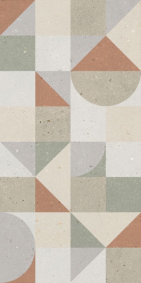 Glazed porcelain tiles • Quick sample 48h • Matte • Geometry • Wall • Edge: Rectified Terrazzo Wall Tiles, Funky Floor Tile, Lobby Tiles Design, Fun Bathroom Floor Tile, Terrazo Kitchen Flooring, 12x24 Floor Tile Patterns, Tile Texture Floor, Cafe Tiles, Ceiling Mural Ideas