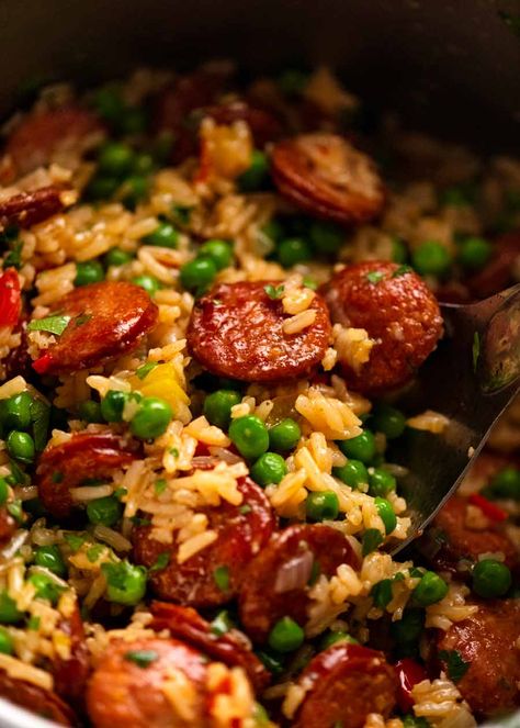 Close up of One Pot Smoked Sausage and Rice Smoked Sausage And Rice, Sausage And Rice Casserole, Sausage And Rice, Rice Peas, Sausage Rice, Smoked Sausage Recipes, Sausage Dishes, Recipetin Eats, Recipe Tin