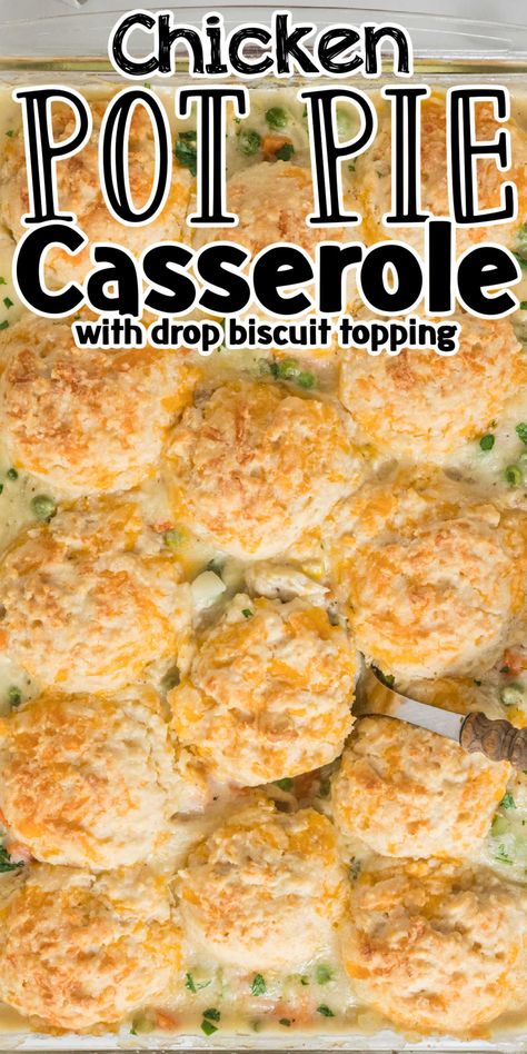 An easy twist on the classic chicken pot pie the entire family is sure to love. This easy chicken pot pie casserole with garlic cheddar drop biscuits is the perfect easy dinner recipe. Tender chicken and frozen vegetables in a creamy sauce topped with easy-to-make flaky biscuits is the ultimate comfort food. This easy chicken pot pie casserole recipe has all the flavors of a chicken pot pie but is made even easier! Chicken Pot Pie Casserole With Homemade Biscuits, Drop Biscuit Pot Pie, Chicken And Drop Biscuits, Chicken Pot Pie With Homemade Biscuits, Biscuit Mix Chicken Pot Pie, Chicken Pot Pie With Ground Chicken, Homemade Chicken Potpies, Easy Chicken And Biscuits Casserole, Chicken Pot Pie Recipe Easy Biscuits