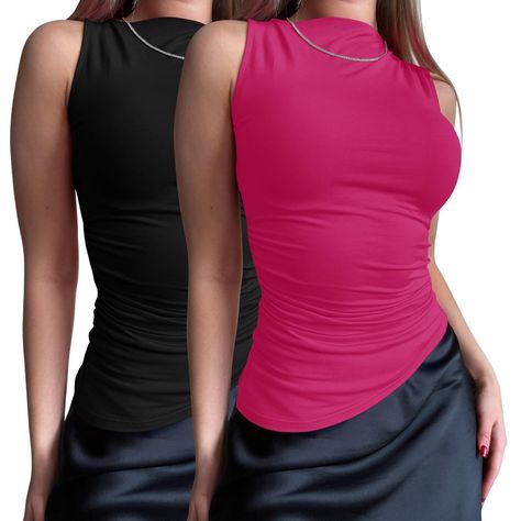 PRICES MAY VARY. MATERIAL: Mock neck tank top is made of 92% rayon and 8% spandex, soft and stretchy, chic and fashionable appearance. It brings you a nice wearing experience. FEATURE: This women's sleeveless top features a shorter mock neckline design and one-shoulder ruched design, adding a touch of sophistication. The waist is designed with elastic ruffles to emphasize the sense of waistline and show your curves perfectly. In addition, the slanted hemline design creates a sense of movement an Mock Neck Tank Top, Fitted Tank Top, Mock Neck Tank, Neckline Designs, Womens Sleeveless Tops, Mock Neck Top, Mock Neckline, Cami Tanks, Mock Neck