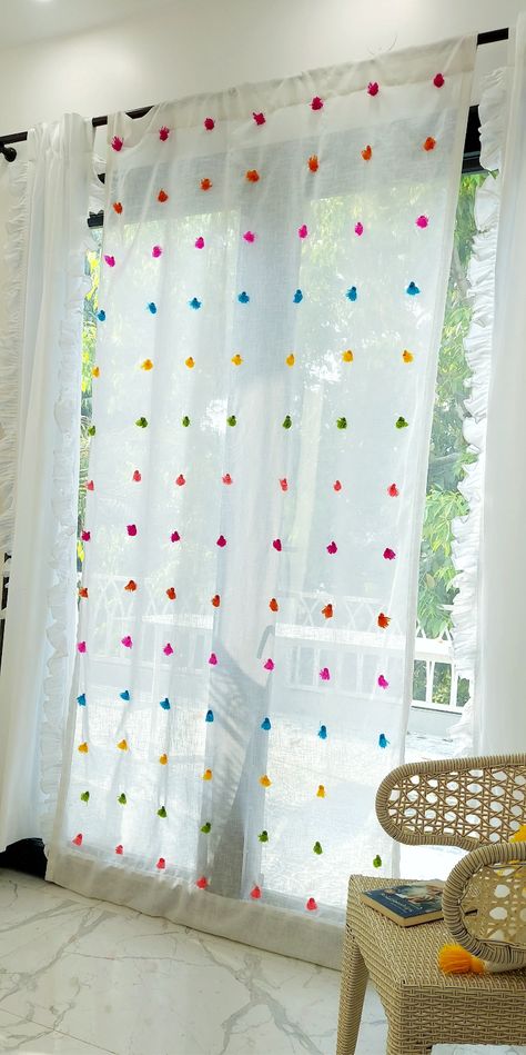 Diy Curtain Decor Ideas, Boho White Curtains, Colourful Curtains Living Room, Colorful Living Room Curtains, Fun Curtains, Linen Sheers, Aesthetic Curtains, Playroom Curtains, Classroom Curtains