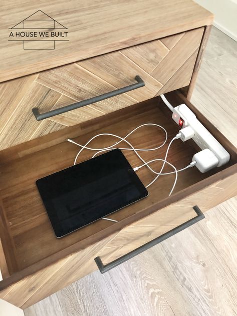 How to DIY a Nightstand Charging Drawer Charging Station Box, Nightstand Charging, Charging Station Drawer, Nightstand Charging Station, Hide Cable Box, Euro Pillow Covers, Nightstand Organization, Quilted Pillow Covers, Hide Cables