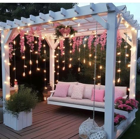 Pergola Swing, Wooden Pergola, Have Inspiration, Outdoor Swing, Pink House, Outside Decor, Backyard Inspo, Outdoor Decor Backyard, Pink Houses