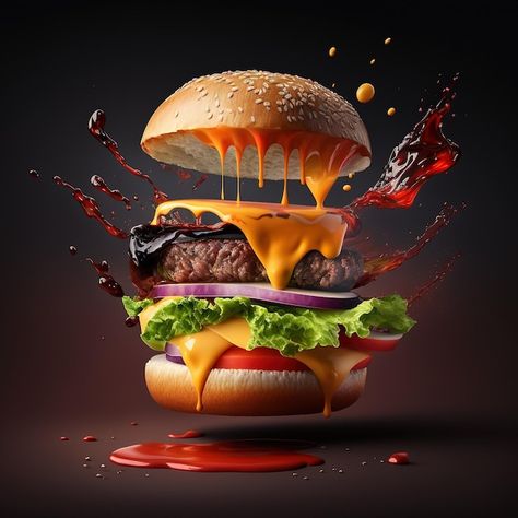 Premium Photo | 3d illustration of delicious burger flying ingredients creative design isolated on black background Vintage Inspired Art, Homemade Burgers, Cheese Burger, Gourmet Burgers, Cake Photography, Burger Bar, Food Poster Design, Beef Burgers, Delicious Burgers