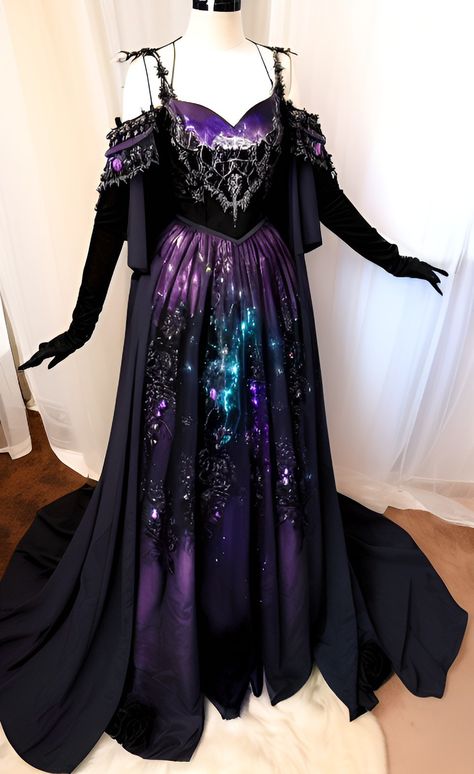 Purple Galaxy Gown, Firefly Path Dresses Purple, Galaxy Fantasy Outfit, Galaxy Inspired Dress, Fantasy Clothing Purple, Galaxy Clothes Aesthetic, Galaxy Dress Gowns, Gothic Fantasy Dress, Dark Purple Fantasy Dress