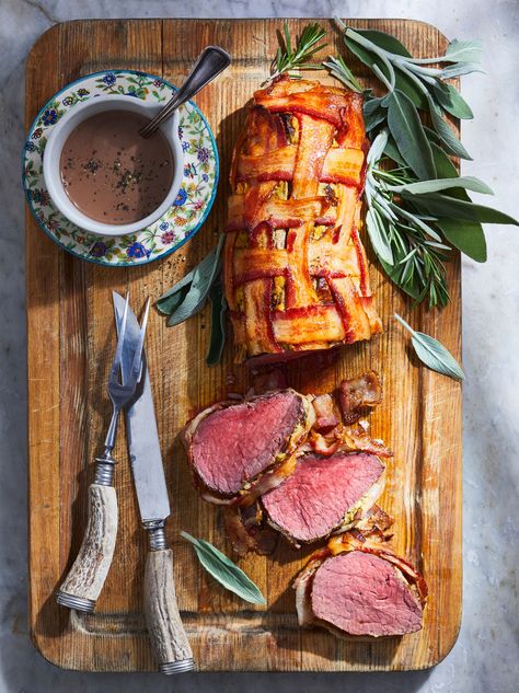 Bacon Wrapped Beef, Crusted Rack Of Lamb, Christmas Main Dishes, Cornish Hen, Roasted Apples, Christmas Main, Red Wine Sauce, Pork Loin Roast, Beef Tenderloin