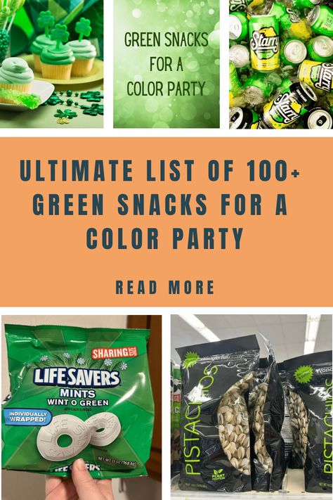 "Get ready to go green with our Ultimate List of 100+ Green Snacks for Color Parties! From zesty treats to sweet indulgences, find the perfect green goodies to dazzle your taste buds and impress at any gathering. Elevate your snacking game with a burst of vibrant color! #ColorParty #GreenSnacks #TikTokTrend" Green Candy Bar Ideas, Green St Patricks Day Snacks, Green Packaged Snacks, Color Party Ideas For Adults Green Food, Color Themed Party Food Green, March Themed Party Ideas, Green Colored Snacks, Green Color Party Ideas, Green Color Foods For Party