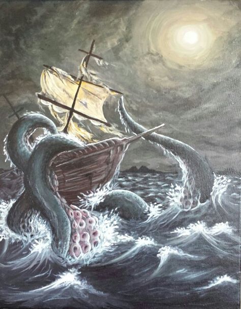 Kracken sinking a ship. Acrilic paint. Artist - Heidi Marks Kraken Ship, Kraken Drawing, Kraken Art, Sea Drawing, Boat Illustration, Pirate Boats, Pencil Drawings For Beginners, Boat Drawing, Ship Artwork