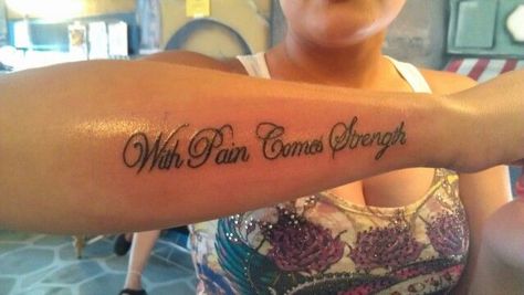 Big Word Tattoos On Arm, Words On Arm Tattoo, With Pain Comes Strength, Rosary Tattoo On Hand, Serenity Tattoo, Arm Tattos, Side Arm Tattoos, Tattoo Thoughts, Heart Tattoos