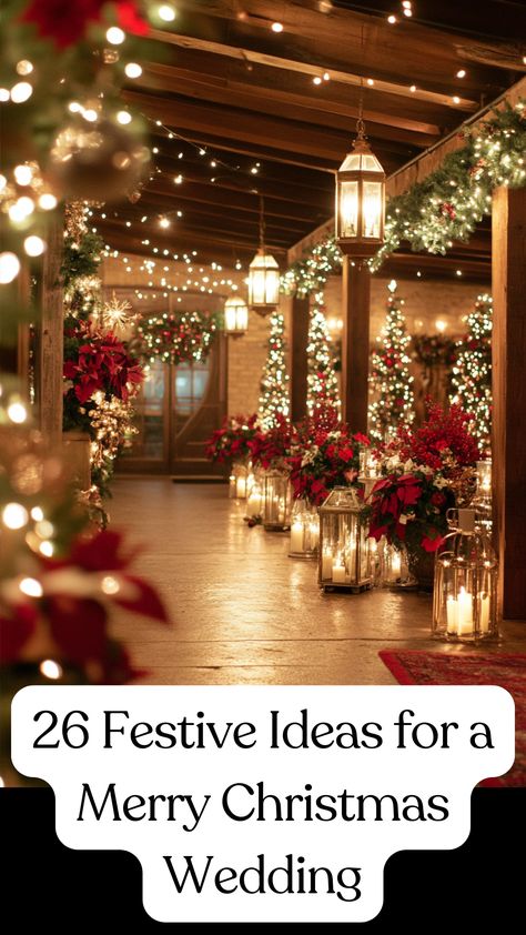 A beautifully decorated Christmas wedding venue with festive holiday décor, including twinkling lights, red and green accents, and seasonal flowers, creating a magical winter wonderland atmosphere. Holiday Engagement Party Ideas, Christmas Arch Wedding, Wedding Christmas Favors, Christmas Themed Engagement Party Ideas, Outside Winter Wedding Ideas, Christmas Wedding Background, Christmas Wedding Outdoor, Christmas Ceremony Wedding, Christmas Wedding Fireplace