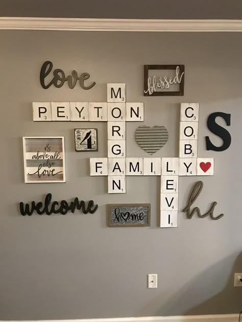 Love Love Love scrabble walls. Today, I finished mine! Photo Tiles Wall Decor Ideas, Landing Decor Ideas, Front Wall Tiles, Wall Tiles Ideas, Family Photos Wall Decor, Wall Tile Ideas, Scrabble Wall Art, Scrabble Wall, Picture Gallery Wall