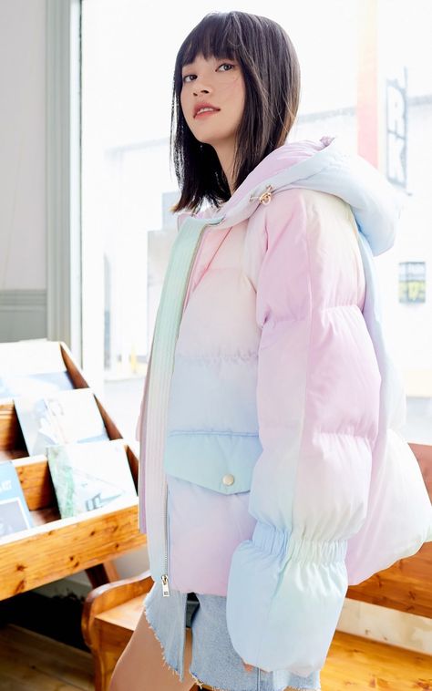 Wednesday Style, Velvet Outfits, Puffer Outfit, Pastel Jacket, Winter Pastels, Christmas Fits, Winter Top, Blue Puffer, Velvet Clothes