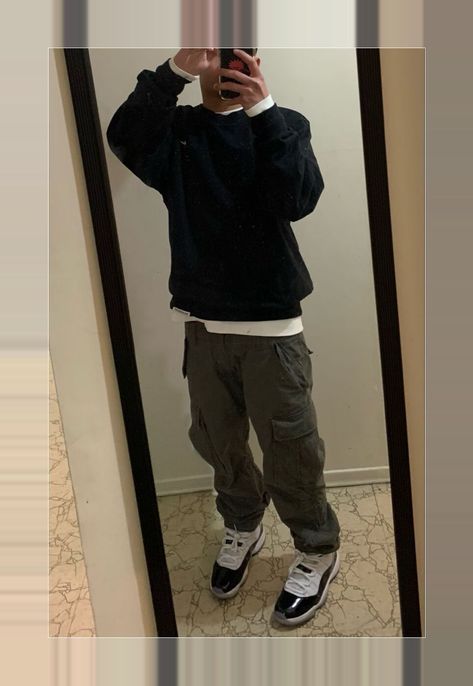 Nike Crewneck Outfit Men, Aj11 Outfit Men, Carhartt Cargos Outfits, Cargos And Crewneck, Jordan Bred 11 Outfits Men, Concord Bred 11 Outfit, Black Nike Crewneck Outfit, J11 Outfit For Men, Jordan 11 Concord Bred Outfit