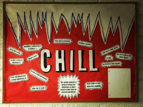 A "Netflix and Chill" themed board. This board gives students ideas for relaxing (ex: take a hike on a trail that leads  around campus!). This board also has a section for students to give their input/ideas. Netflix Theme, Ra Activities, Res Life Door Decs, Ra Boards, Res Life, Door Decs, Spring Semester, Ra Ideas, Dorm Ideas