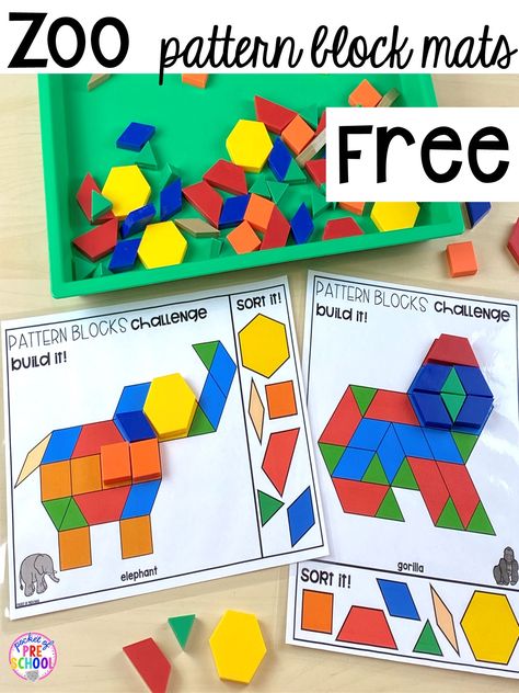 Zoo Animal Stem Activities, Animal Pattern Block Mats Free, Zoo Animal Playdough Mats, Zoo Animal Math Activities For Preschool, Free Pattern Block Mats, Zoo Gross Motor Activities, Animal Steam Activities, Zoo Pretend Play Preschool, Animal Habitats Preschool Crafts