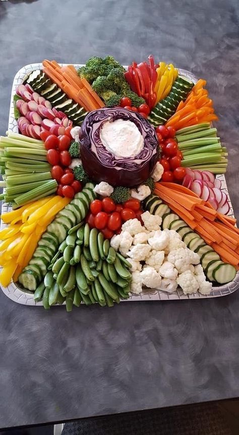 Cool Veggie Trays, Veggie Platter Ideas Trays Presentation Wedding, Arranging Vegetable Trays, Veggie Sticks Platter, Vegetable And Cheese Tray Ideas, Cross Veggie Tray Ideas, Meat And Veggie Tray Ideas, Meat Cheese Veggie Fruit Platter, Veg Platter Ideas Party