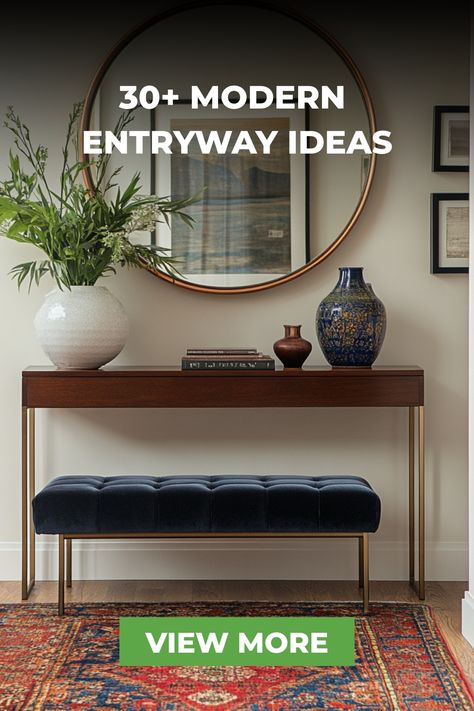 A stylish entryway featuring a neutral backdrop with a simple console, a vibrant patterned oriental rug, and small decorative accents like plants and pottery, creating a bohemian and modern atmosphere. Mid-century Modern Entryway Ideas, Mid Century Modern Entryway Ideas, Organic Entryway, Mid Century Entryway Ideas, Contemporary Entryway Ideas, Modern Entryway Ideas, Boho Entry, Mid Century Modern Entryway, Contemporary Entryway