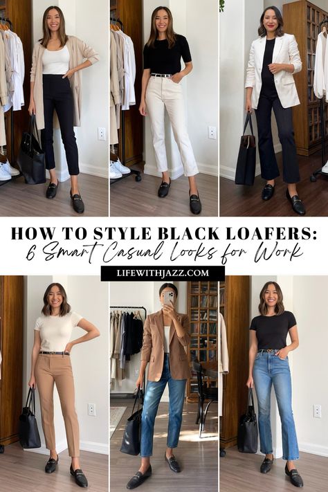 Today I'm sharing how to style black loafers six smart casual ways for work, with my go-to pair from Sam Edelman! Black Loafers Outfit Work, Style Black Loafers, Black Loafer Outfits Women, How To Style Loafers Women, Black Dress Pants Outfits, How To Style Loafers, Life With Jazz, Smart Casual Looks, Loafers For Women Outfit