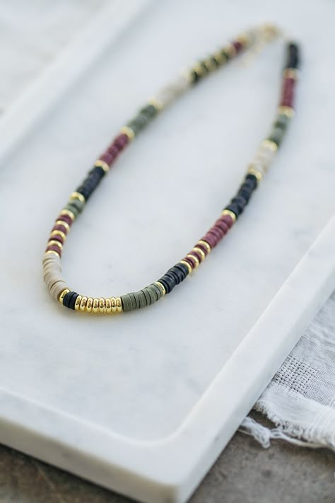 Our Heishi beaded necklace is perfect for everyday wear! Casual and lightweight, it can be dressed up or dressed down. Each necklace is made with heishi beads, gold plated spacers and a 14K gold filled lobster clasp and a two inch extender to ensure a secure fit. Necklaces are 16" to 18" in length. We are proud to be size inclusive. For additional sizing please email us at hello@hiphopehoorah.com. Heishi Jewelry Necklace, Heishi Jewelry Ideas, Heishi Necklace Ideas, Making Necklaces With Beads, Diy Jewelry Ideas Homemade, Heishi Bead Bracelet Ideas, Chunky Beaded Necklace, Heishi Bracelet Ideas, Collier Heishi