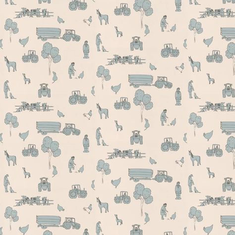 A delightful nursery cartoon farmyard country scene with tractors farmers and animals. Available in four colours  shown in pale blue on a clean cream. Toddler Boy Wallpaper, Farm Nursery Boy, Vintage Boys Room, Tractor Nursery, Building Wallpaper, Hunting Wallpaper, Farm Nursery Theme, Vintage Kids Room, Simple Nursery