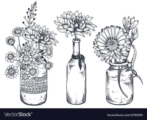 Bouquets with hand drawn flowers and plants in Vector Image Illustration Tattoo, Drawn Flowers, Diy Flower Pots, Plant Vector, Hand Drawn Flowers, Vinyl Paper, Vintage Labels, Flower Drawing, Flower Vases