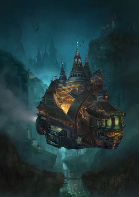 (3) My Fantasy Life on Tumblr Steampunk Tech, Steampunk Garage, Flying House, Steampunk Airship, Kaptan Jack Sparrow, Water Illustration, Psy Art, Fantasy Places, Houseboat