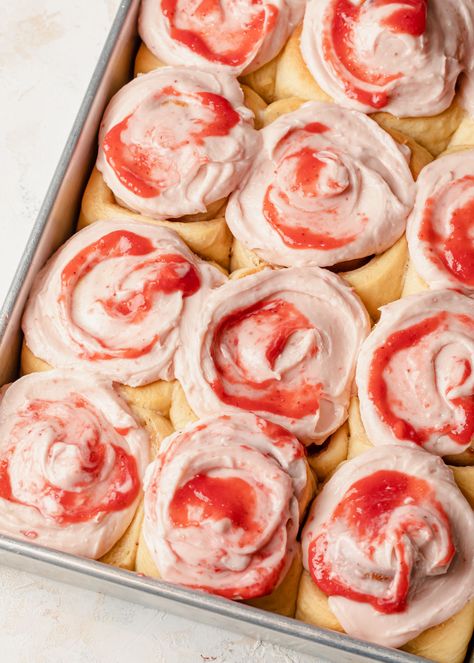 Valentines Cinnamon Rolls, Blueberry Cinnamon Rolls, Jam Roll, Strawberry Cinnamon Rolls, Strawberry Cream Cheese Frosting, Milk Bread Recipe, Sweet Roll Recipe, Strawberry Cream Cheese, Freeze Dried Strawberries