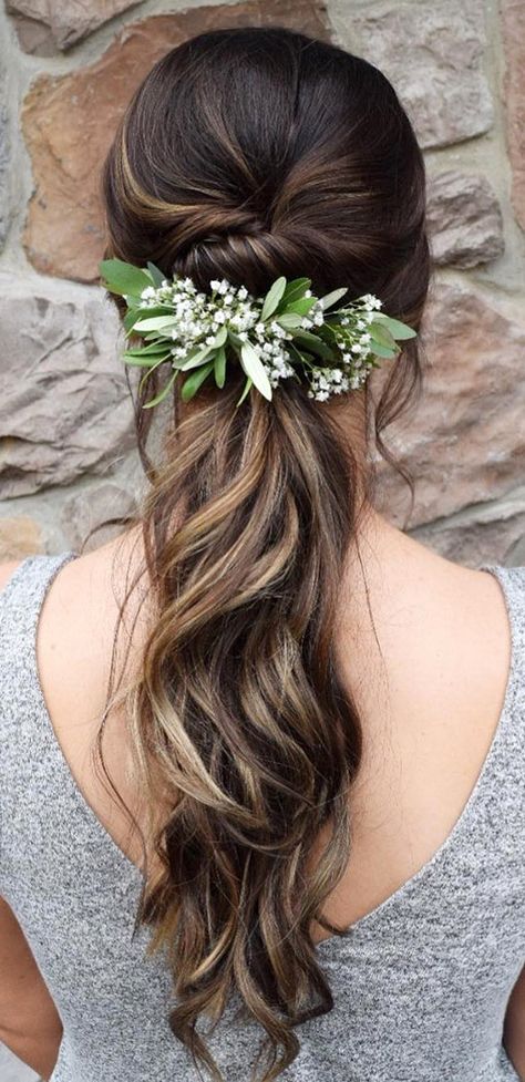 favorite wedding hairstyles long hair twisted ponytail with flowers on long dark hair wb_upstyles via instagram Ponytail With Flowers, Twist Ponytail, Short Brown Hair, Best Wedding Hairstyles, Long Hair Wedding Styles, Long Dark Hair, Medium Long Hair, Wedding Hair Inspiration, Trending Hairstyles