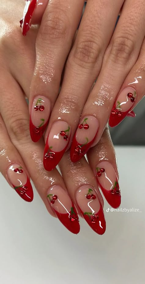 Cherry French Tip Nails, Cherry French Tip, Artist Hue, Quartz Nails, Cherry Nails, Spring Nail Designs, Girly Acrylic Nails, Tip Nails, Sofia Vergara