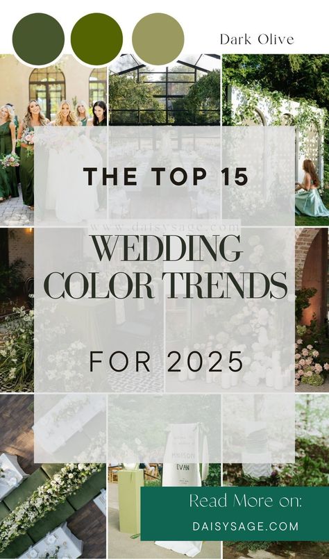 Check out the best 15 hottest wedding color trends for 2025! Explore chic and bold options like vibrant corals, rich emeralds, and golden accents. These stunning color trends will bring both elegance and modern flair to your wedding, making every detail stand out. Wedding Color Schemes Green Gold, Sage Color Wedding Theme, Sage Green Color Palette Wedding Summer, June Rustic Wedding Colors, Wedding Ideas With Green, Jade Color Palette Colour Schemes, Rustic Elegant Wedding Colors, Sage Green Color Scheme Wedding, Peacock Color Scheme Wedding